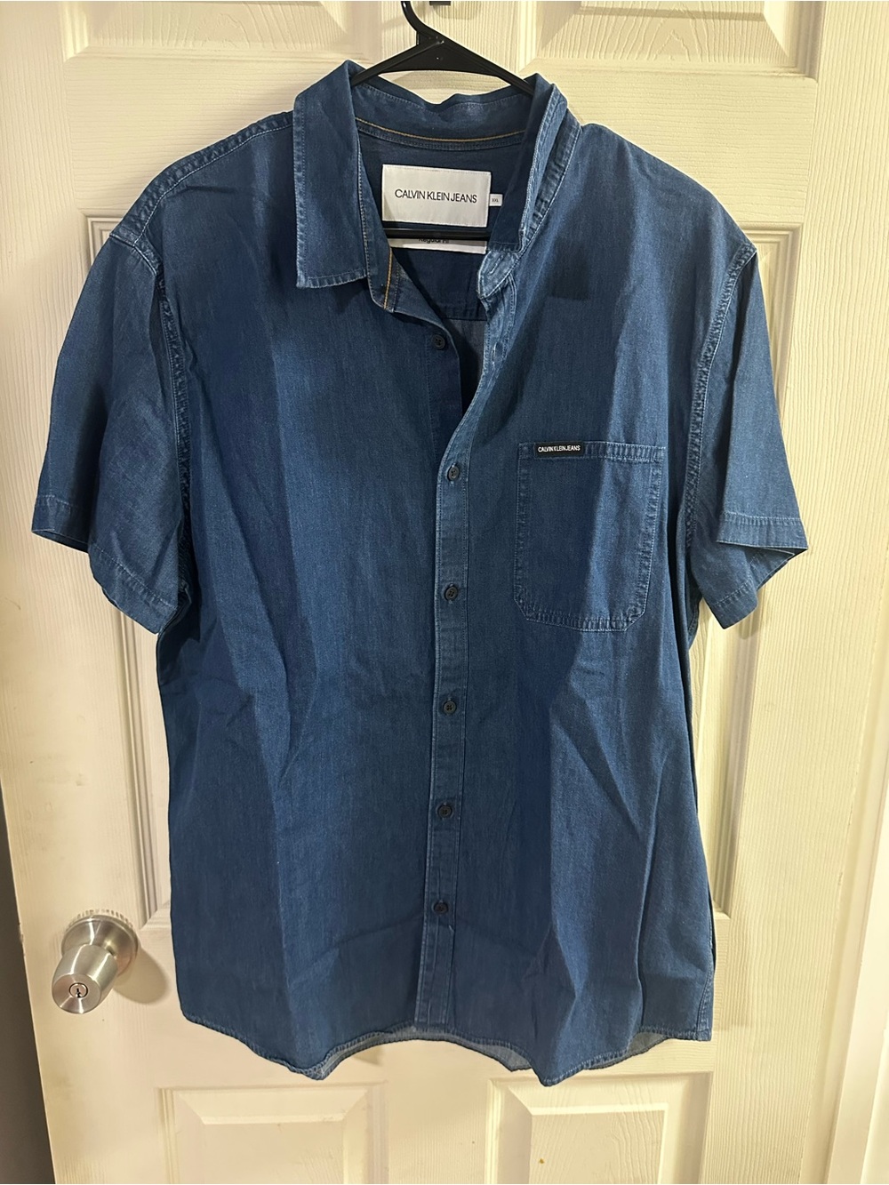 Calvin Klein Jeans Short Sleeve Denim Button-Up Shirt in Blue